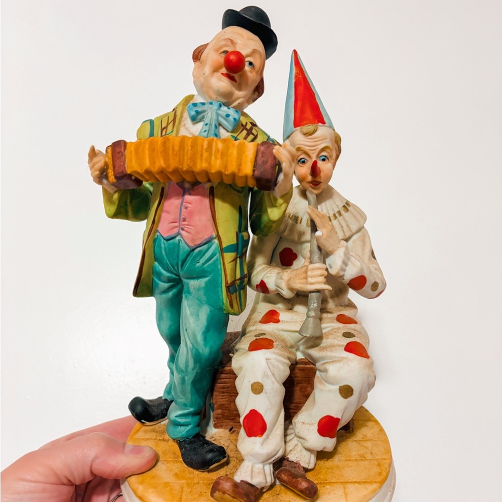 Vintage Capodimonte Porcelain Figurine Clown Duo Playing Musical Instruments